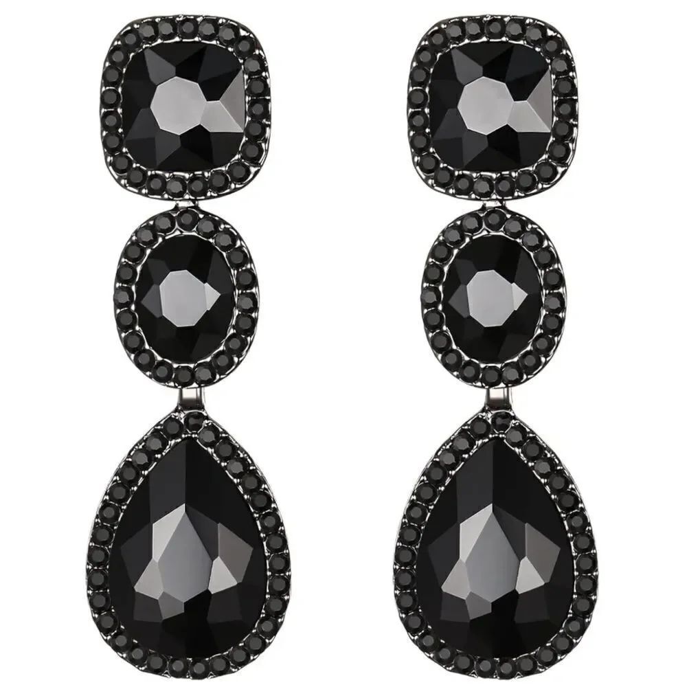 Gun Metal with Black Onyx Austrian Crystal Dangling Chandelier Post Earrings